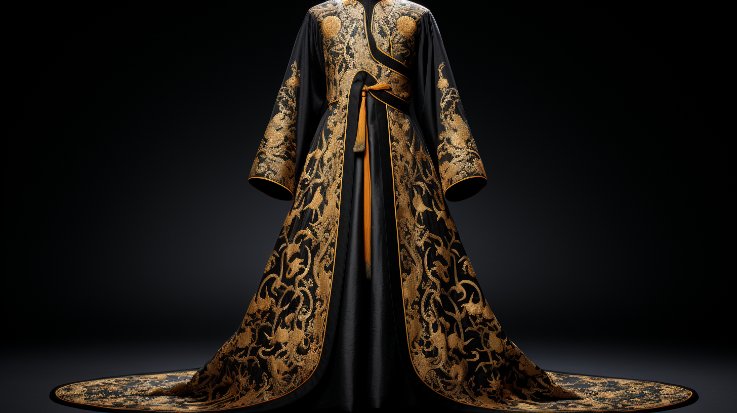 Zhou Dynasty brocade robe with intricate gold patterns displayed against a dark backdrop, epitomizing ancient Chinese craftsmanship.
