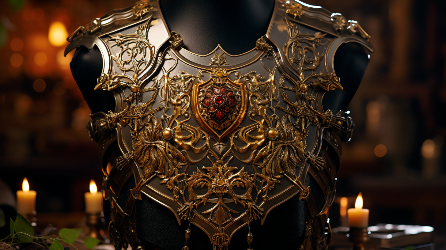 Beautifully crafted medieval breastplate with intricate patterns and heraldic symbols, glistening in the sunlight