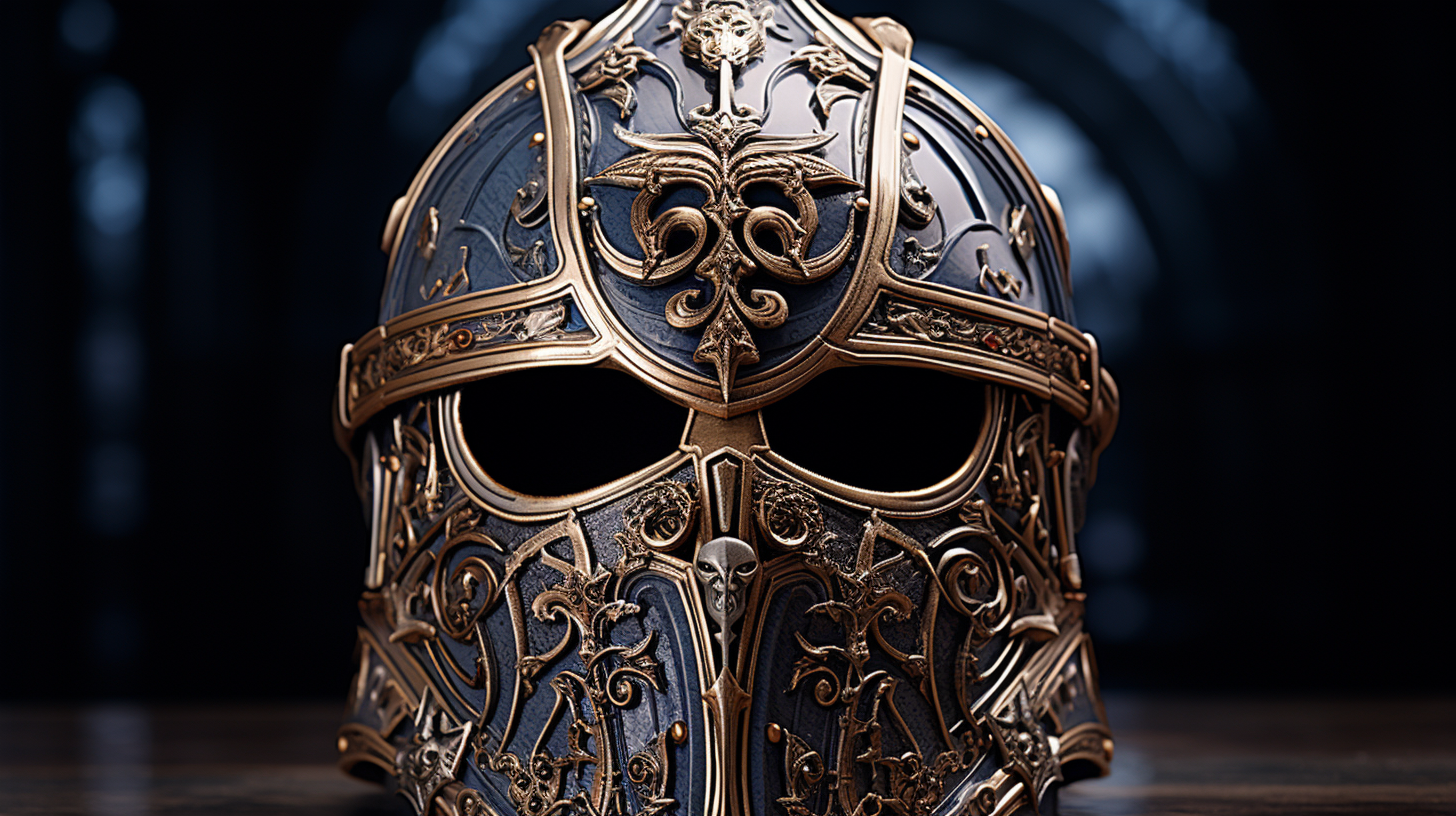 Intricately designed visor with a fierce expression, symbolizing honor and nobility.