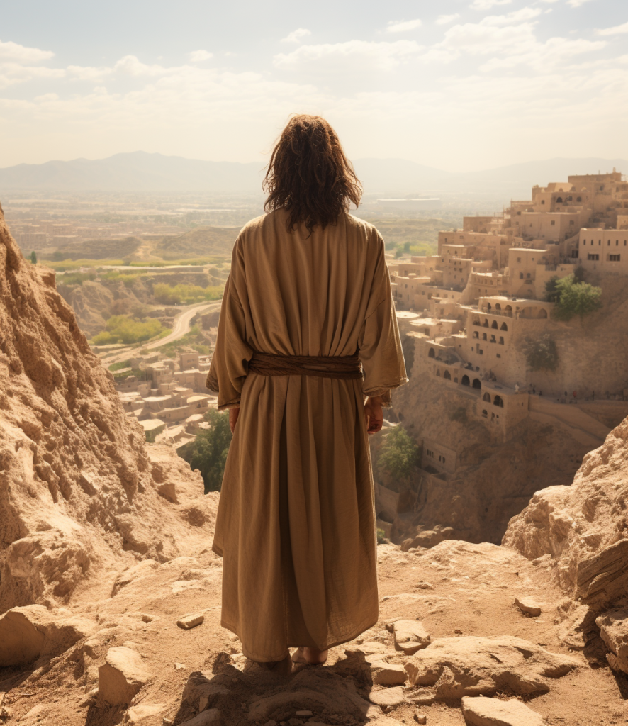Panoramic view of the ancient Near East with a figure representing Jesus Christ in simple attire, symbolizing purity and modesty against a historical backdrop.