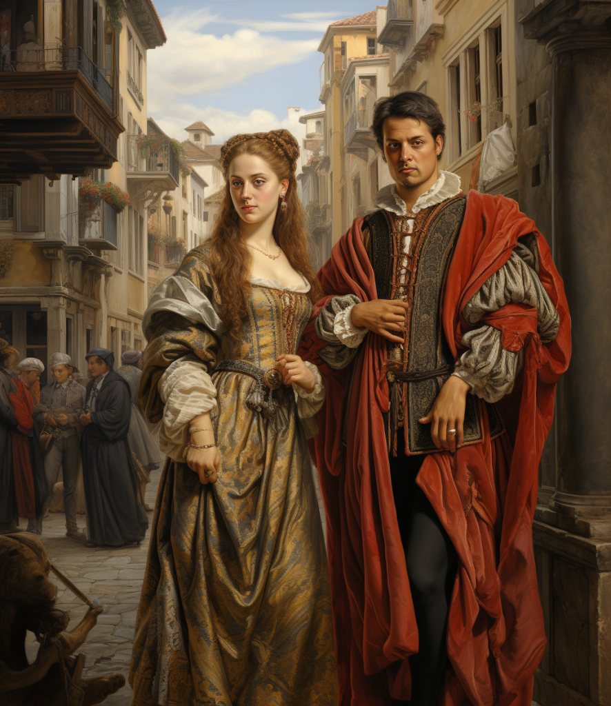 Noblewoman in silk gown and man in velvet doublet amidst a Renaissance street scene, illustrating the luxurious fashion and social hierarchy of the Italian Renaissance