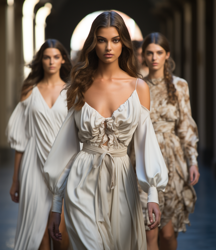 Contemporary fashion models on a runway, showcasing modern clothing inspired by Italian Renaissance fashion, blending historical elegance with modern design