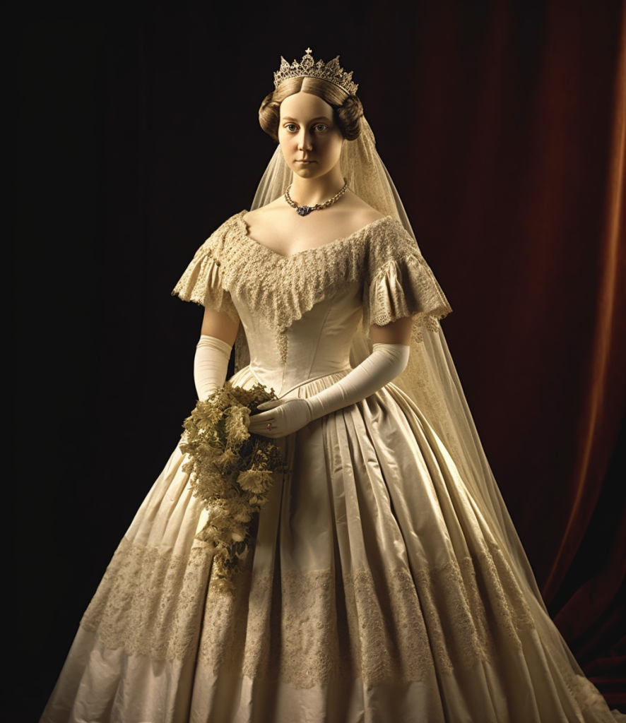 Queen Victoria in her historic wedding dress, showcasing Victorian era bridal fashion.