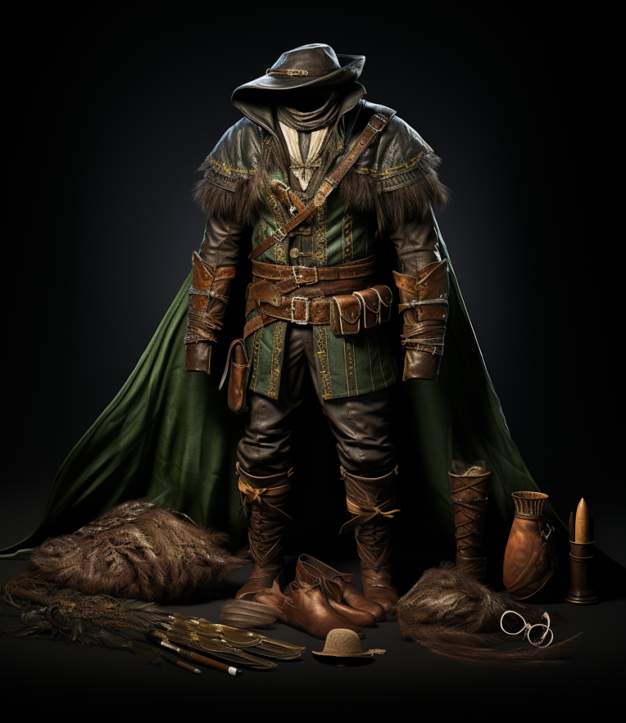 Close-up of Robin Hood's key fashion items including his green tunic, leather boots, feathered hat, bow, arrows, and belt.