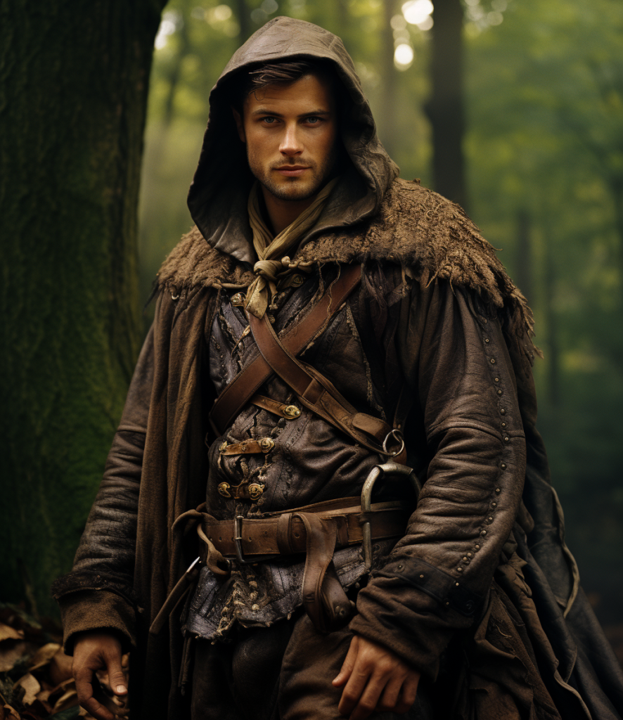 Robin Hood in traditional attire with bow in Sherwood Forest, symbolizing his iconic fashion and rebel spirit.