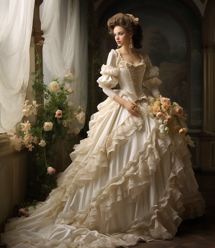 Victorian era wedding dress showcasing the distinctive silhouette and elegant accessories of the period.