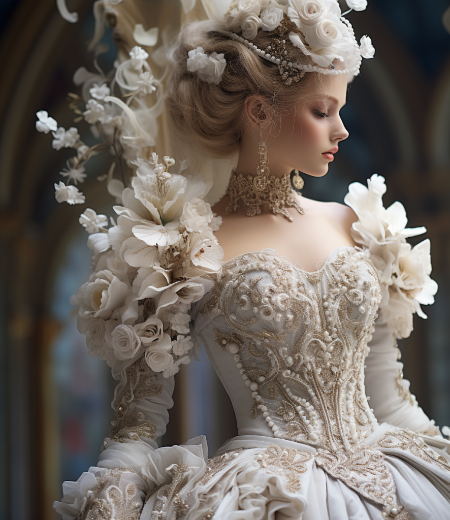 Close-up of the intricate fabrics and embellishments on a Victorian era wedding dress, showcasing luxury and craftsmanship