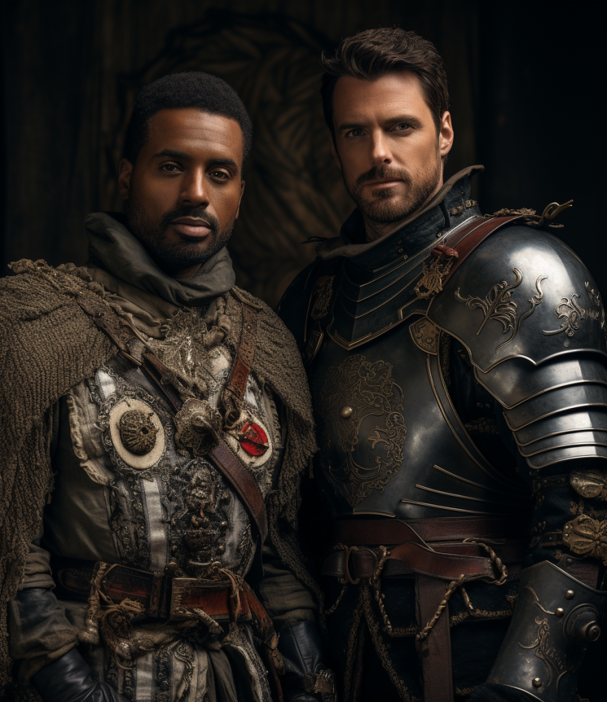 Portrait of Sir William Marshall and the Black Prince, showcasing their distinct medieval armor styles, symbolizing their individuality and status in jousting history.