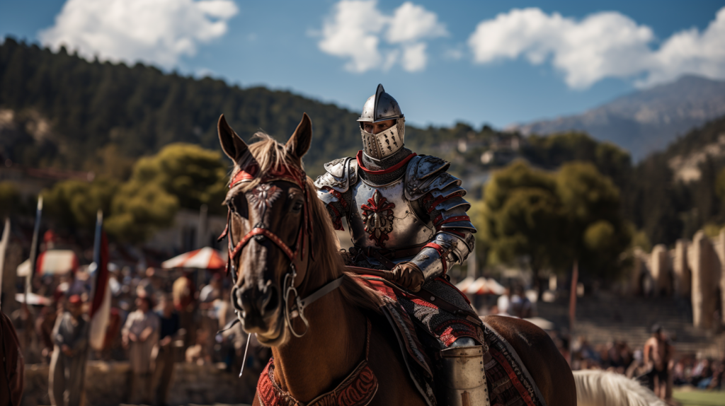 Medieval jouster in elaborate armor with heraldic shield, on horseback at a tournament, exemplifying the fashion and craftsmanship of the era.