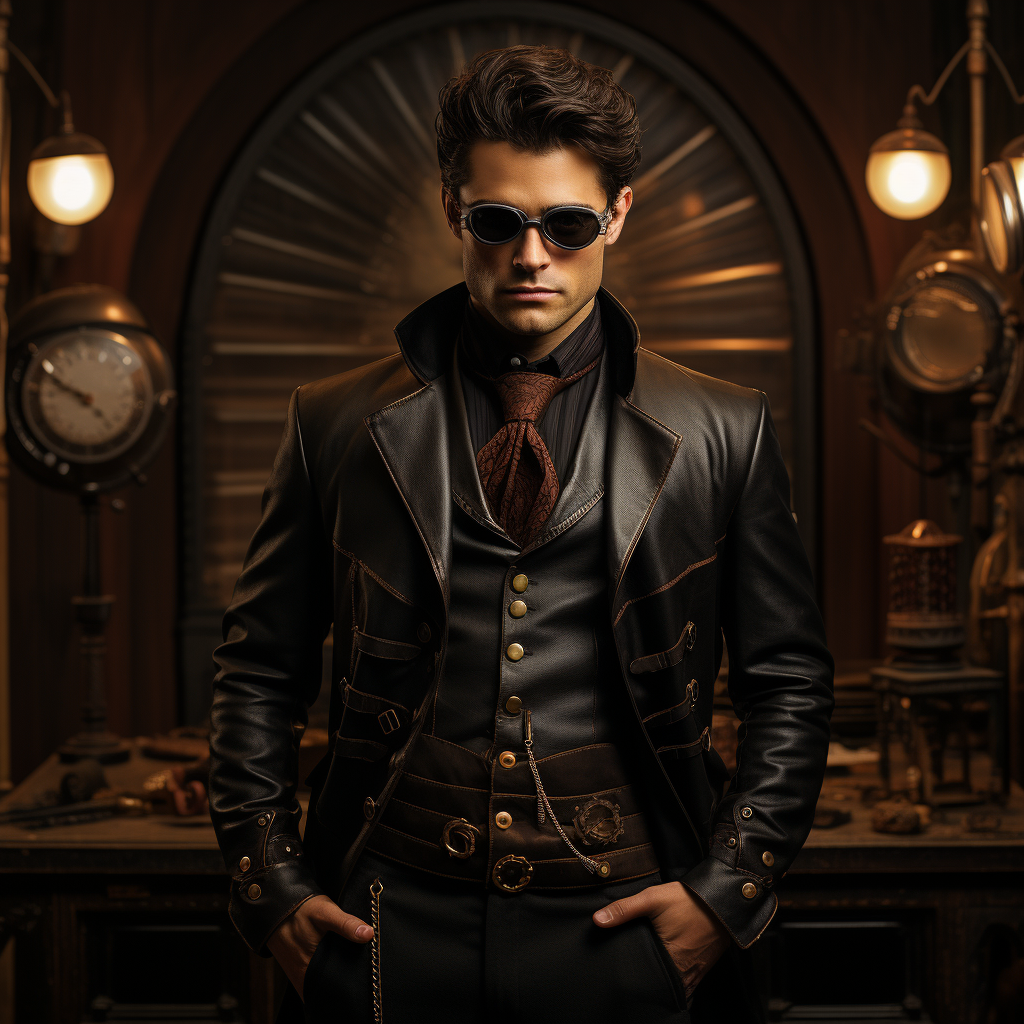 Steampunk groom in a tailored Victorian suit with industrial embellishments, standing confidently in a themed wedding setting