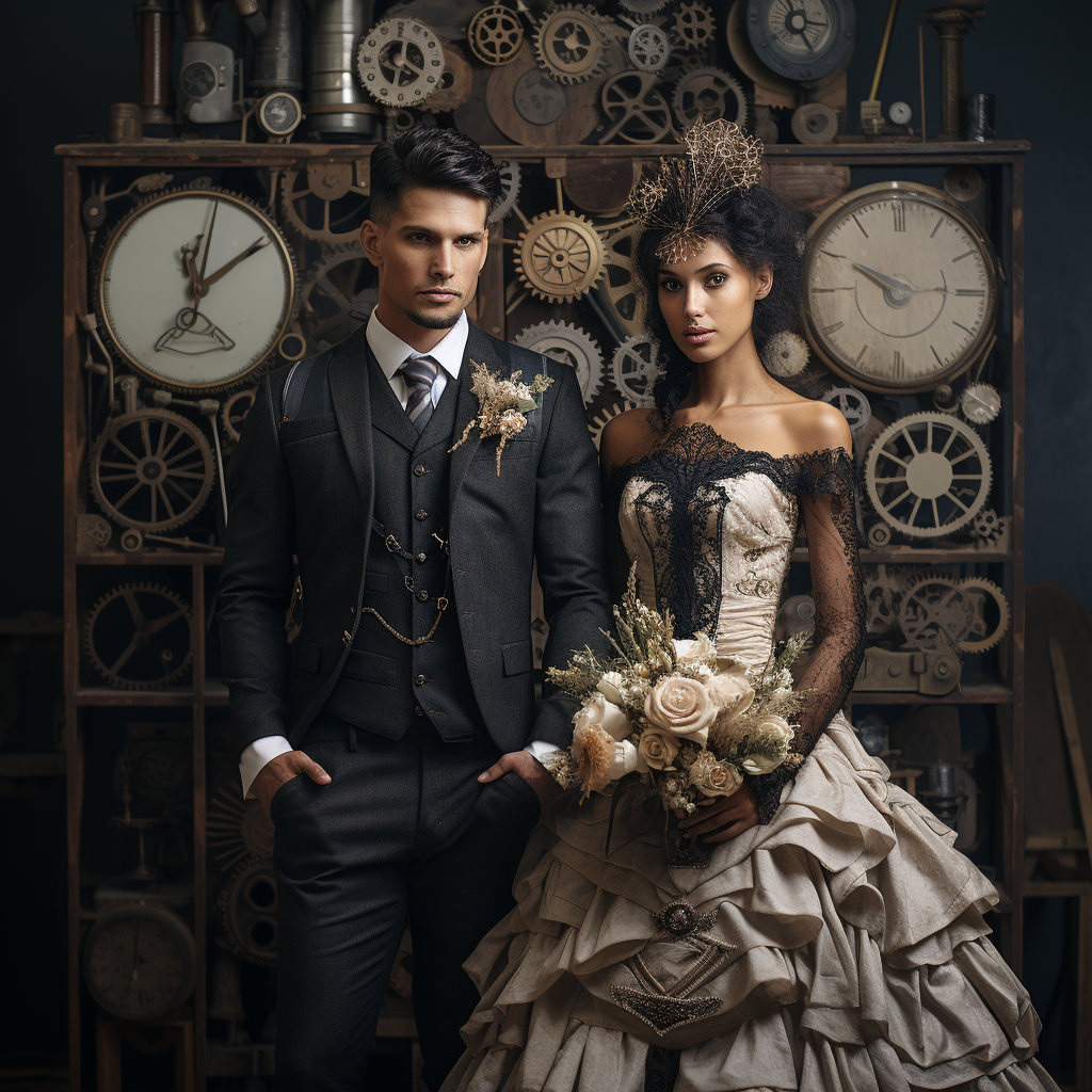 Bride and groom in steampunk wedding attire with Victorian and industrial elements in a whimsical wedding setting
