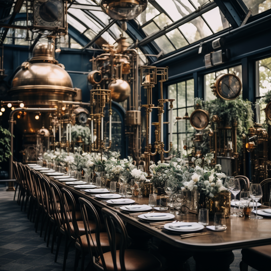 Elegant steampunk wedding venue with brass fixtures, mechanical centerpieces, and Victorian-inspired decor