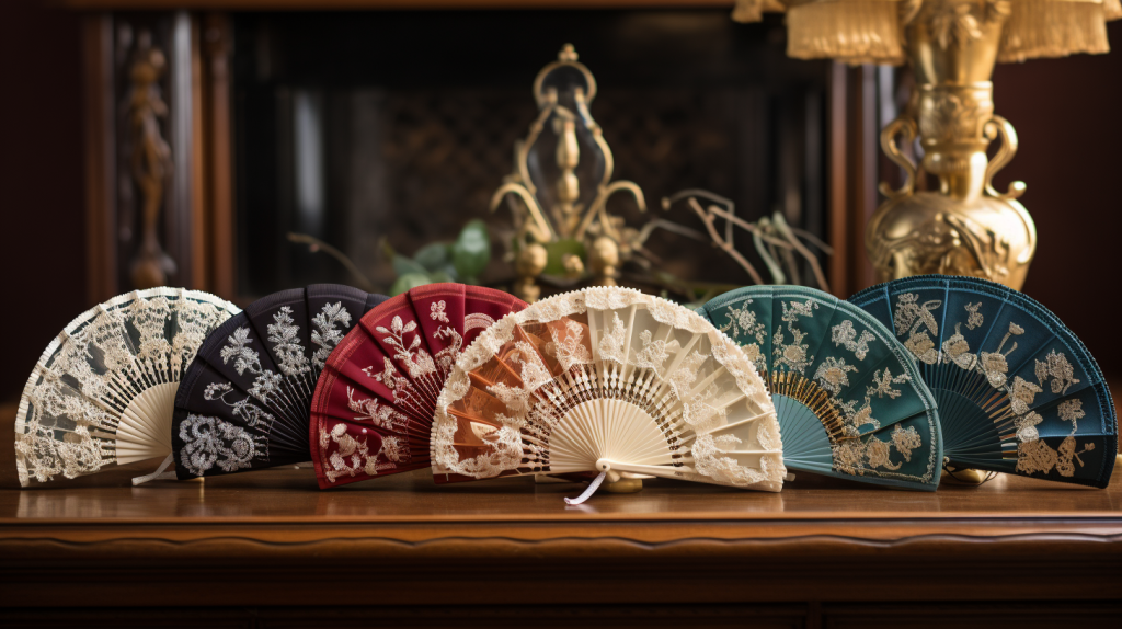 An array of Victorian fans, showcasing diverse designs with intricate lace, paintings, and embellishments, symbolizing the era's unique communication.