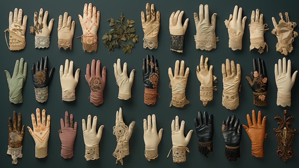 Collection of Victorian gloves in various styles and materials, symbolizing the era's intricate fashion language.
