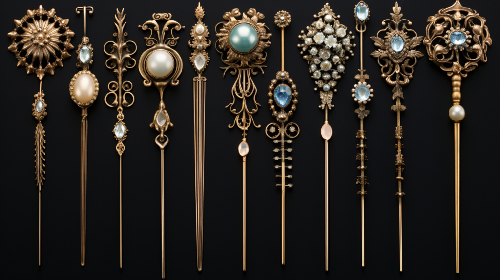 An array of ornate Victorian hairpins, displaying the craftsmanship and beauty that supported the era's iconic hairstyles.