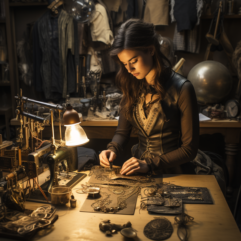 Woman customizing a corset on a workbench, surrounded by steampunk accessories and tools, embodying the DIY spirit of steampunk fashion