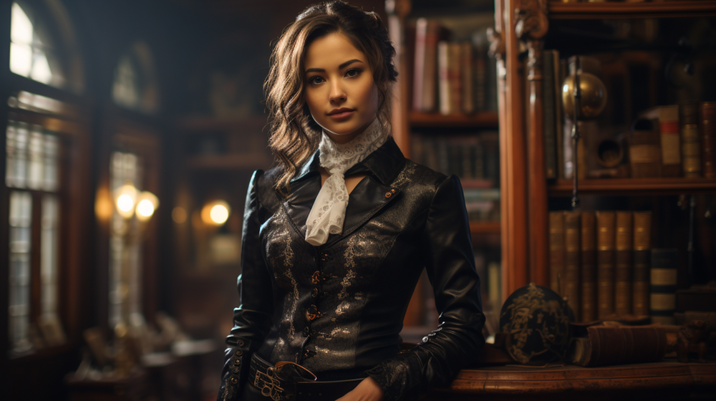 Woman in an elegant steampunk outfit with Victorian jacket, corset, and skirt, surrounded by vintage books and mechanical gadgets in an old-world library setting.