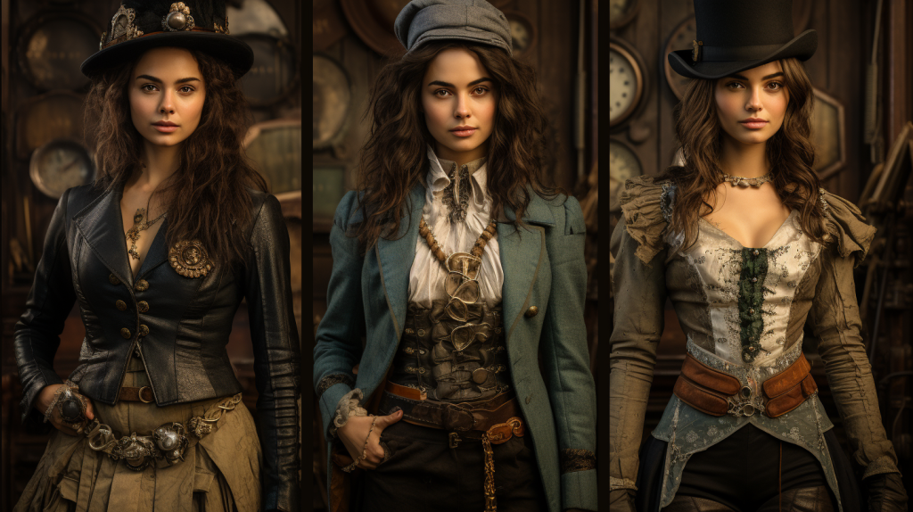 Collage of steampunk fashion icons, featuring Mina Harker, Vanessa Ives, and real-life enthusiasts in Victorian and industrial-inspired attire.