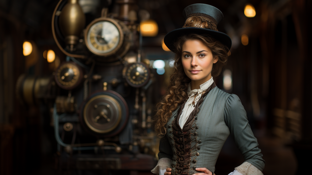 Woman in steampunk attire with Victorian and industrial elements, standing in a steam-filled, gear-embellished setting.