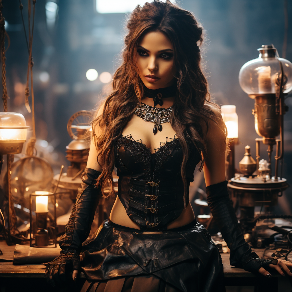 Steampunk fashion woman in a workshop with Victorian corset, bustle skirt, and industrial accessories amidst gears and steam.