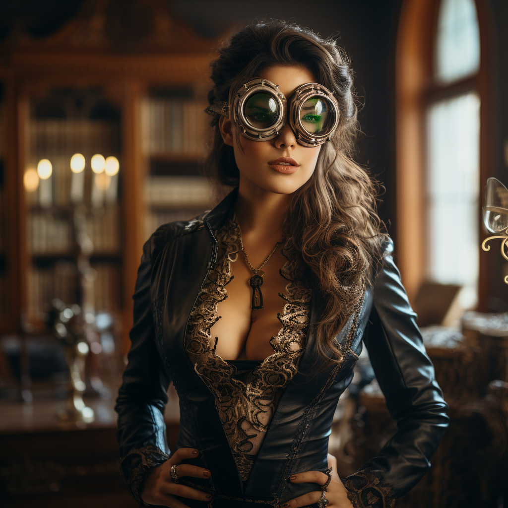 Steampunk lady in a Victorian library, dressed in an intricate corset, layered skirt, and jacket with aviator goggles, embodying adventure and intelligence.